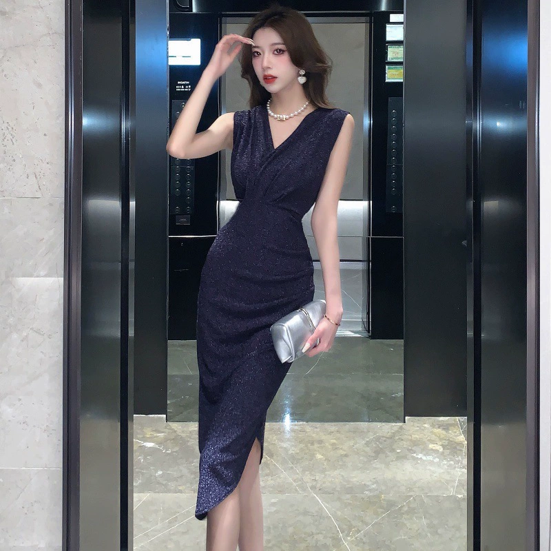 色気漂う大人ネイビー くびれギャザー×カシュクール ドレープミディ丈ドレス