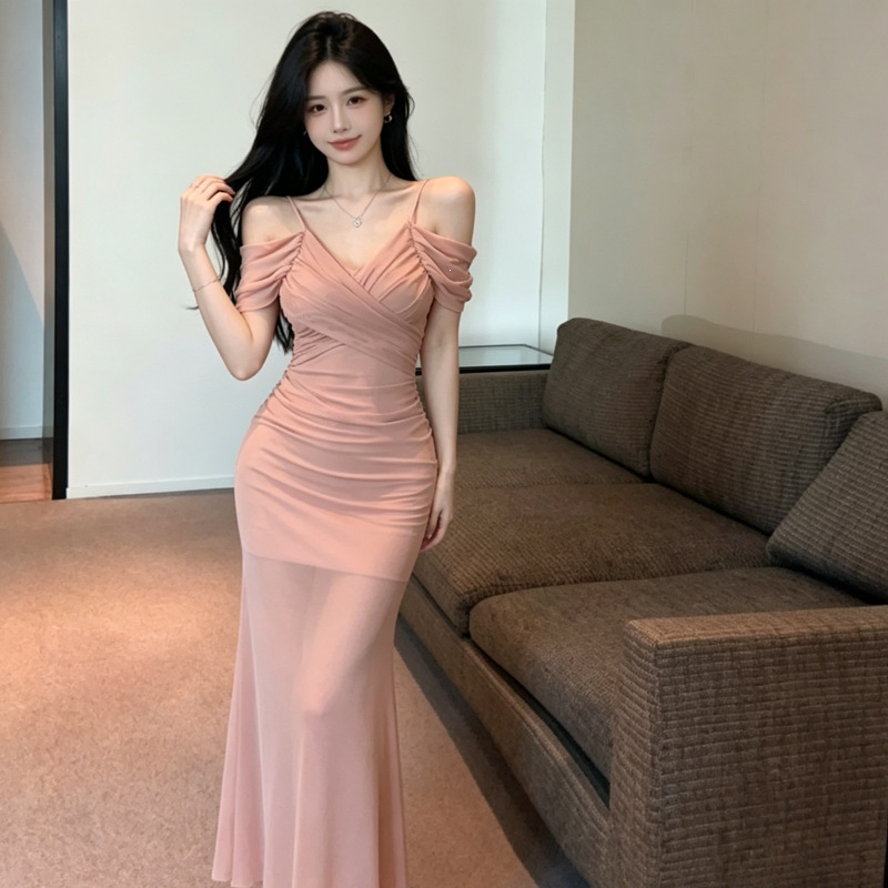 女神シルエット オフショル×透け脚シアー ロングドレス