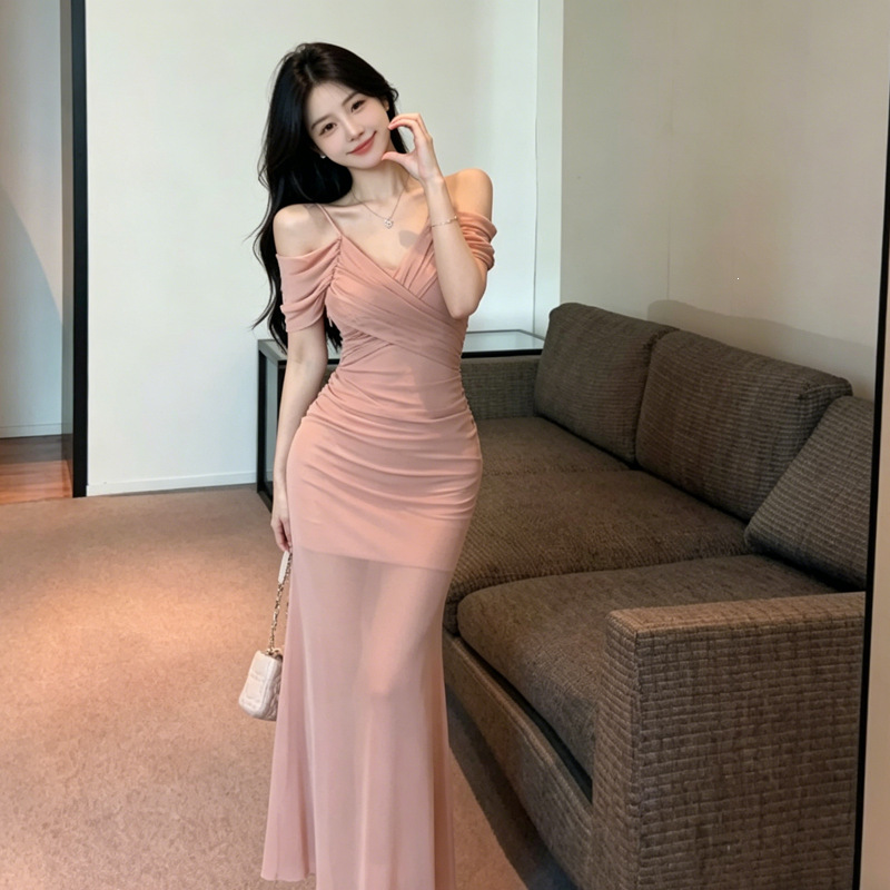 女神シルエット オフショル×透け脚シアー ロングドレス