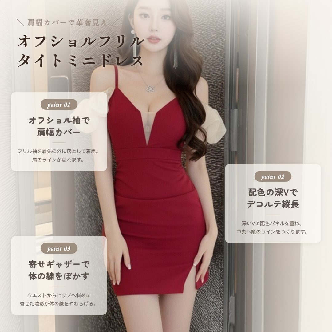 フリル袖オフショル 色気漂うスリット入りタイトドレス
