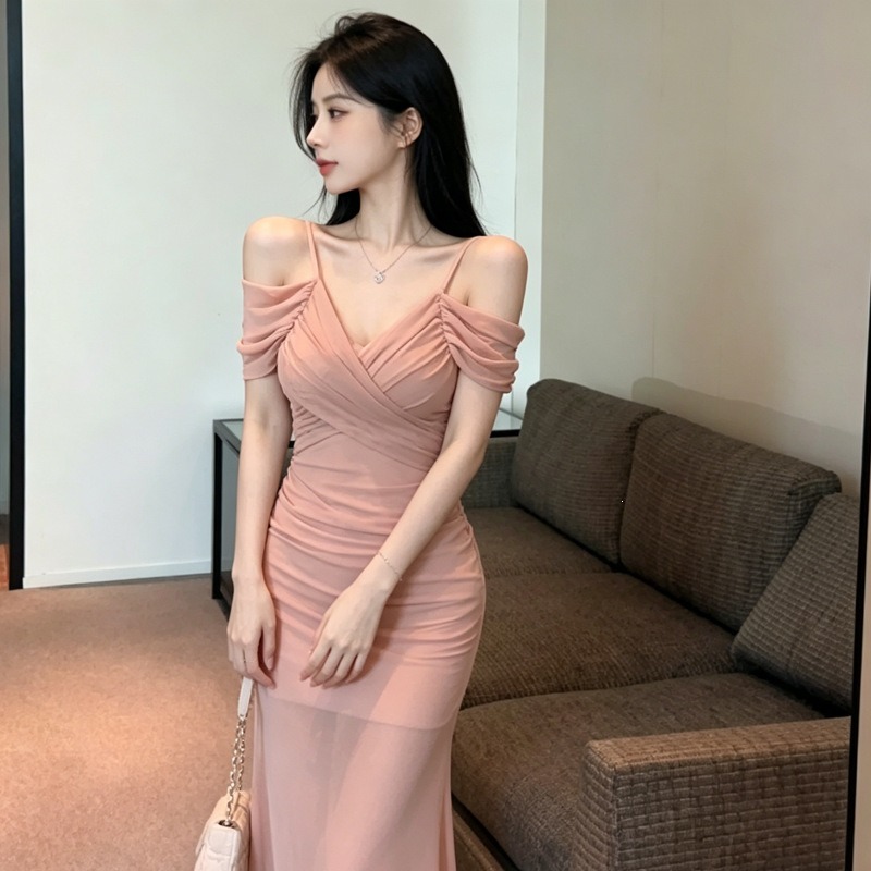 女神シルエット オフショル×透け脚シアー ロングドレス